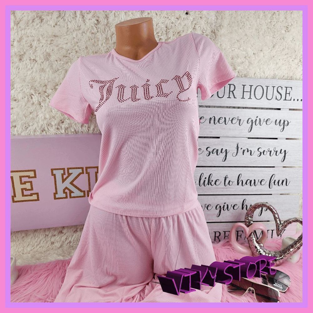 NWT {Juicy Couture} 2 Pieces Pink Pajama Set Shirt and Pants Bling Logo Medium
